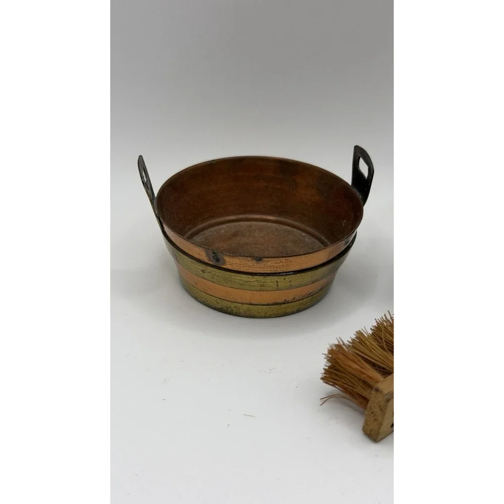 Miniature Doll Copper Basket & Wash Bucket w/ Brush‎ Vintage Victorian 2
